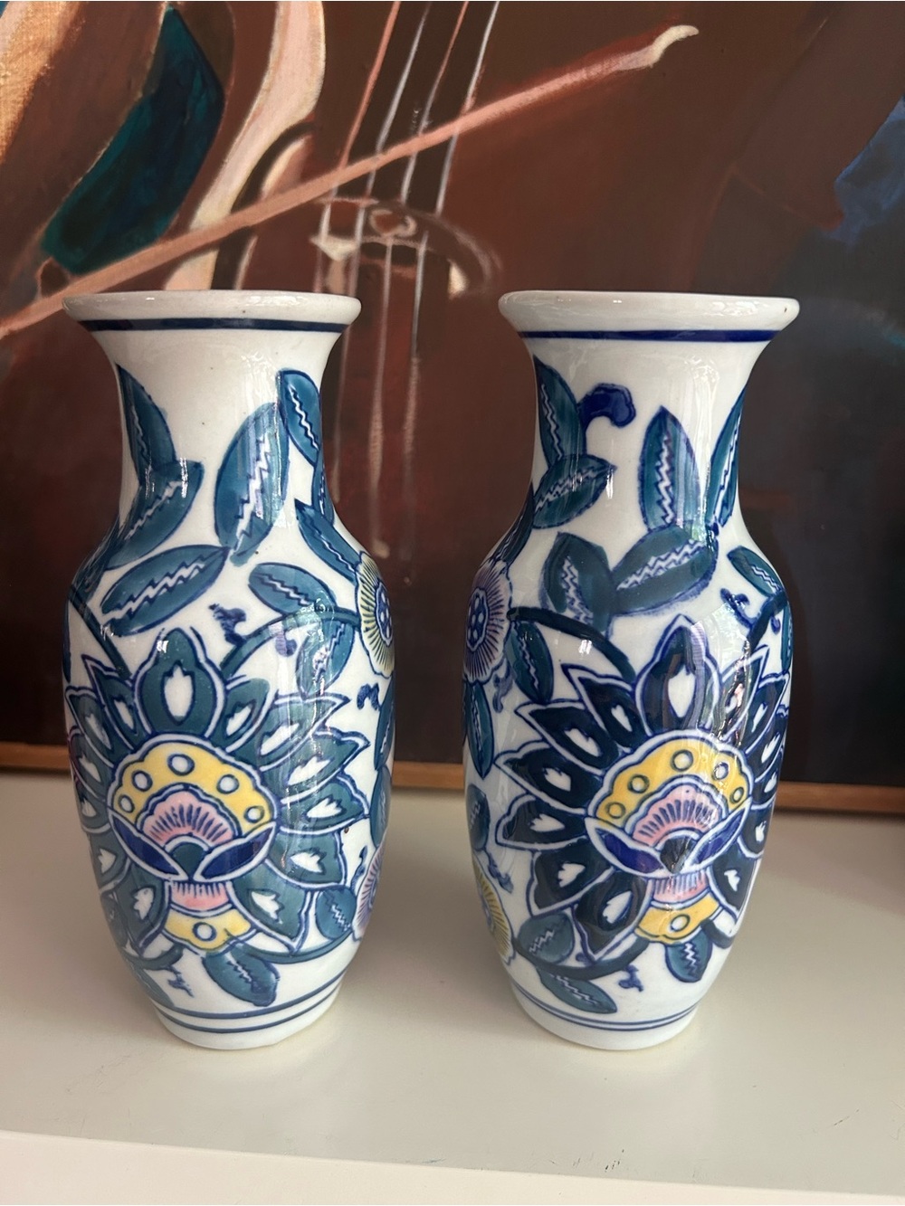 Pair Blue White Floral Ceramic Bud Vases Teal Pink Yellow Chinoiserie Decor - Picture 11 of 16